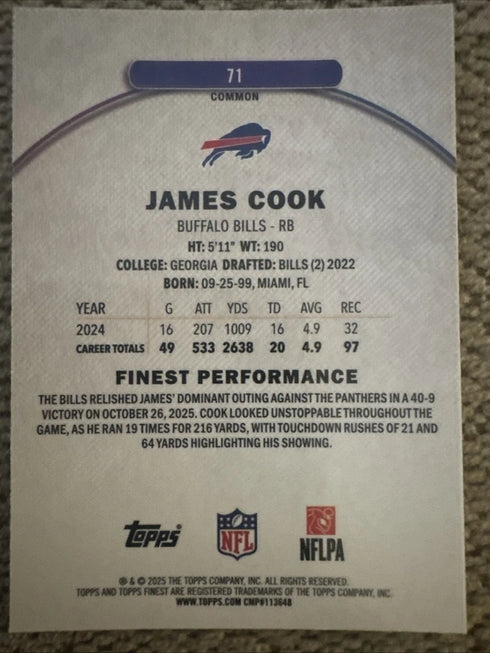 2025 Topps Finest Common #71 James Cook Bills