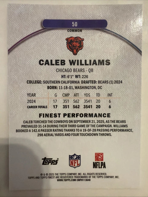 2025 Topps NFL Finest Caleb Williams Common #50 Bears