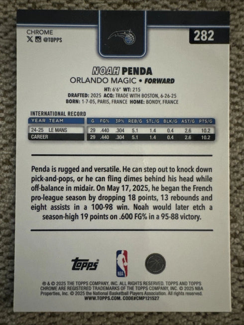 NBA Topps Chrome Noah Penda True Purple Refractor /75 Orlando Magic RC