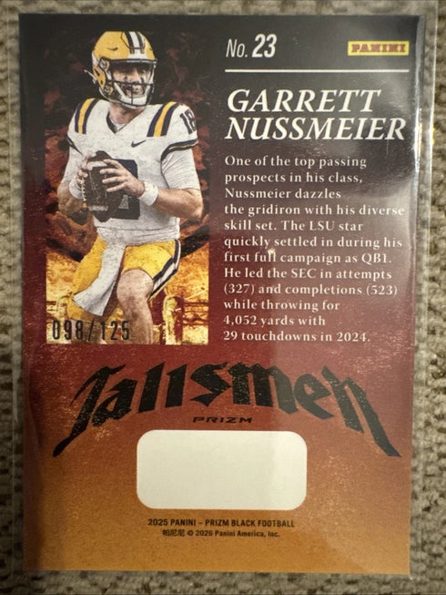 Garrett Nussmeier 2025 Panini Prizm Black #23 Blue Ice Tallsmen /125 LSU