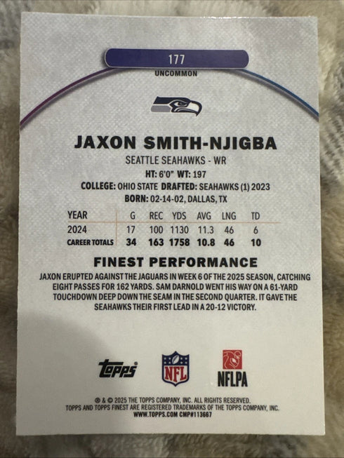 2025 Topps Finest Jaxon Smith-Njigba Uncommon Purple X-Fractor #/99 Seahawks