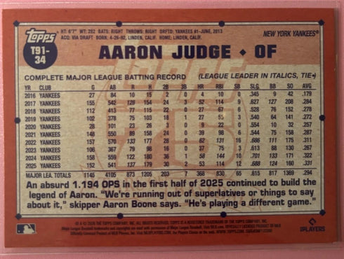 Topps 2026 Series 1 Aaron Judge #T91-34 New York Yankees 75 Years Baseball