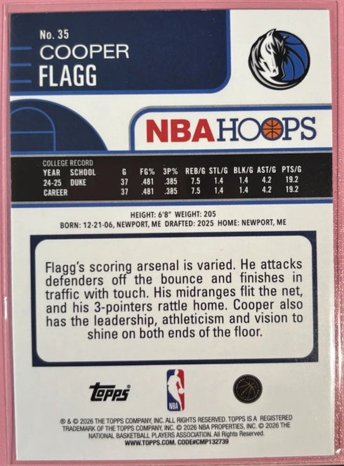 2025-26 Topps NBA Hoops Basketball #35 Cooper Flagg Rookie RC Rainbow Foil