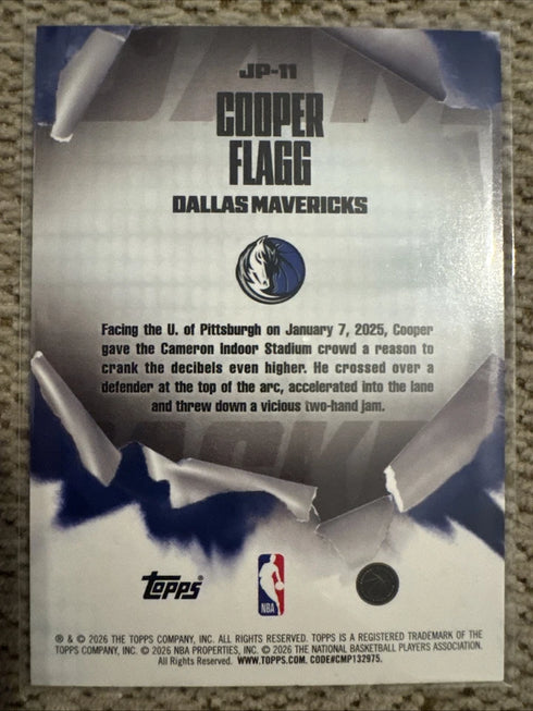 Topps 2026 NBA Hoops Jammed Cooper Flagg Rookie Insert #JP-11 Mavericks NBA