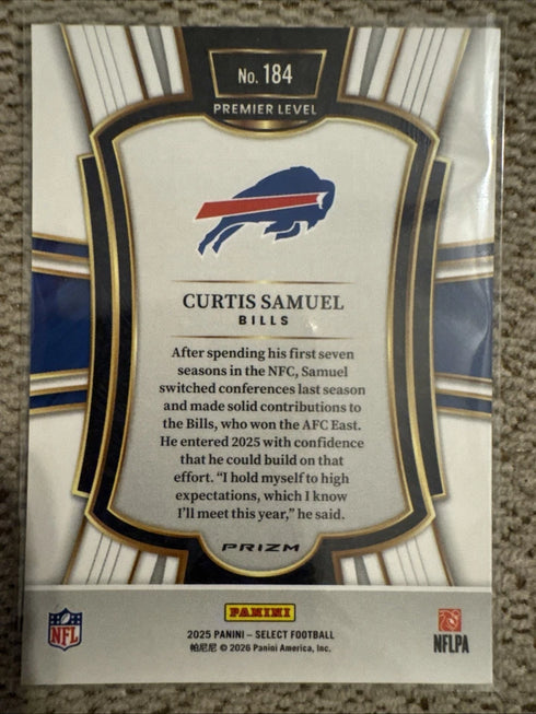 Panini 2025 Select Zebra Prizm Curtis Samuel Buffalo Bills Premier Level #184