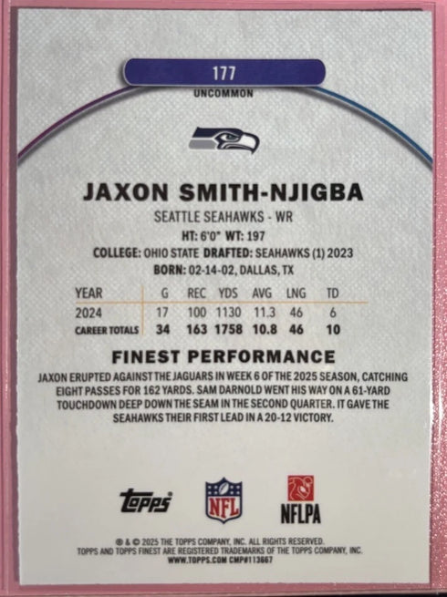 2025 Topps Finest Jaxon Smith-Njigba #177 Sky Blue Uncommon /150 Seahawks