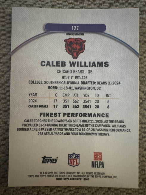 2025 Topps Finest Caleb Williams Uncommon NFL Chicago Bears #127