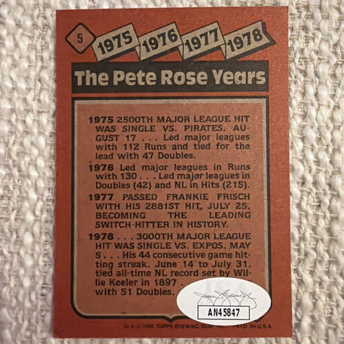 1986 Topps Autographed Pete Rose Years: 1975-1978 #5 Cincinnati Reds w/ JSA COA