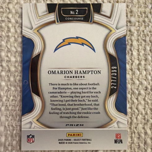 2025 Panini Select Omarion Hampton RC #2 Prizm Concourse /399 Chargers