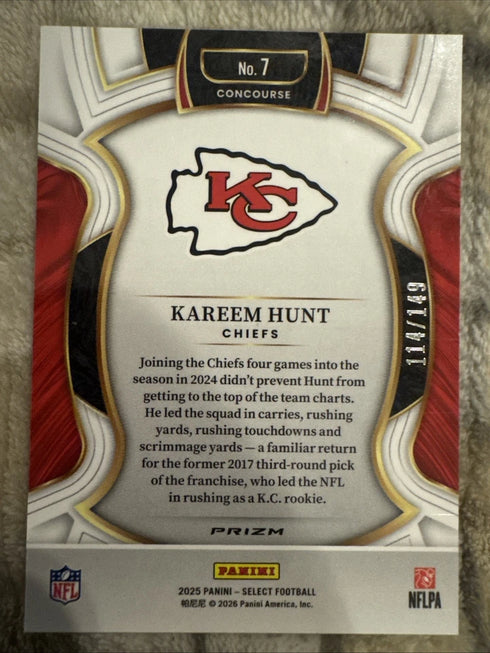 2025 Panini Select - Concourse Kareem Hunt #7 Red Prizm /149