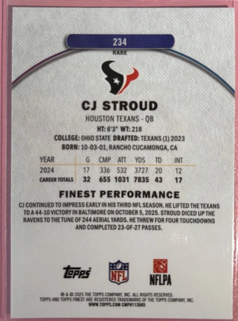 2025 Topps Finest Football CJ Stroud Rare Base #234 Texans