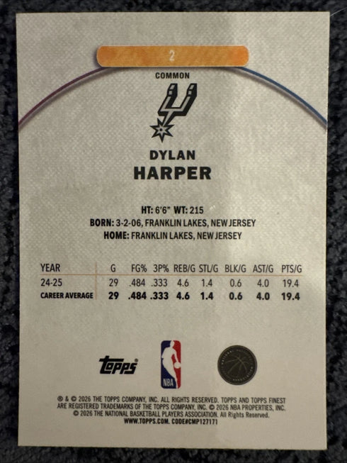 Topps 2026 Finest Dylan Harper San Antonio Spurs Rookie #2 Basketball