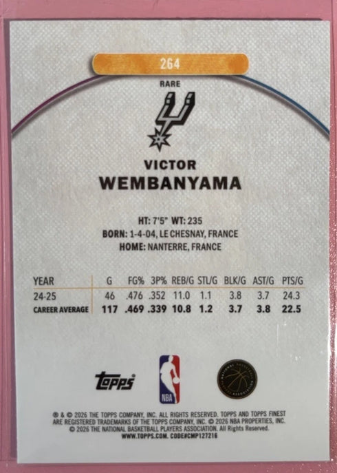 25-26 Topps Finest Victor Wembanyama Refractor Rare #264 San Antonio Spurs
