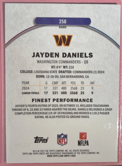 2025 Topps Finest Jayden Daniels Rare Refractor /99 Commanders #250 SP