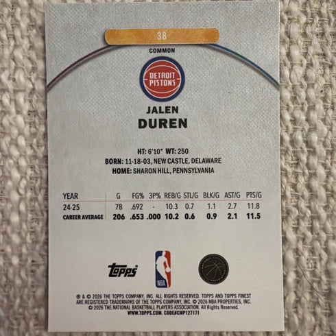 Jalen Duren 2025-26 Finest Oil Spill Refractor #38 Detroit Pistons