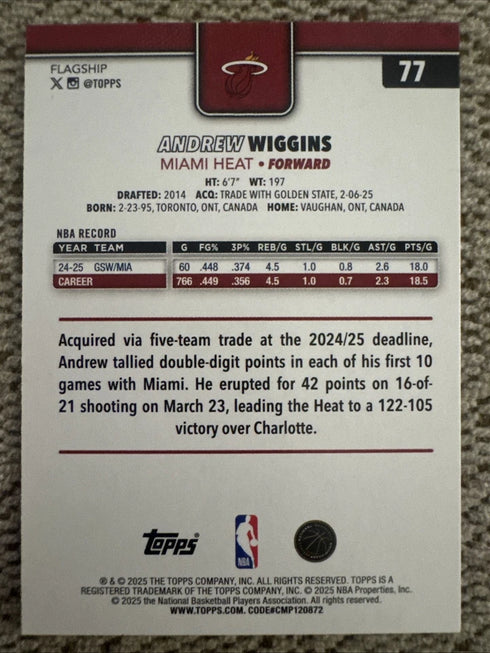 2025-26 Topps #77 Andrew Wiggins GOLD /2025. Miami Heat