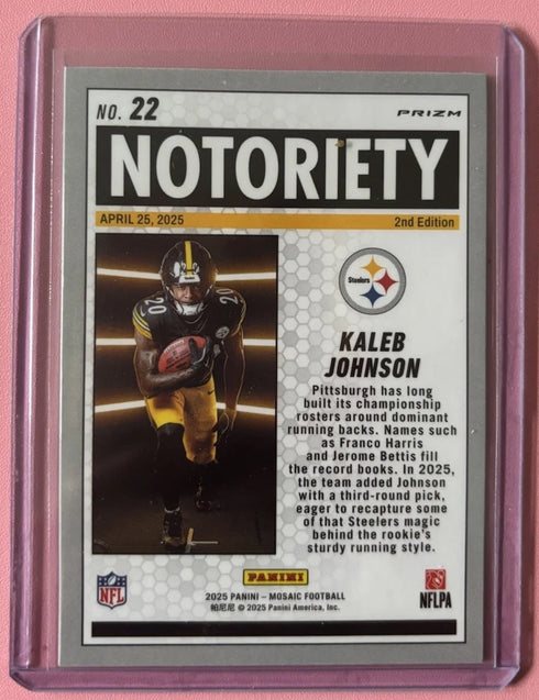 2025 Panini Mosaic Notoriety Kaleb Johnson RC Green Mosaic Prizm Steelers Rookie