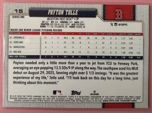 Payton Tolle #15 | Baseball Cards 2026 Topps - Boson Red Sox Rookie Card
