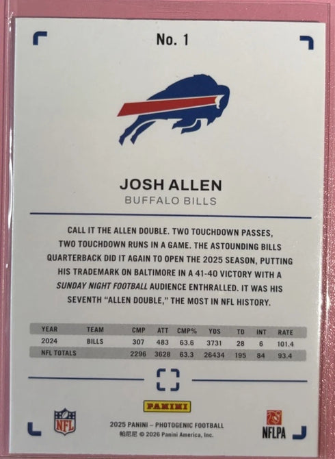 Panini 2025 Photogenic Josh Allen Base Set #1 Buffalo Bills NFL Football Card