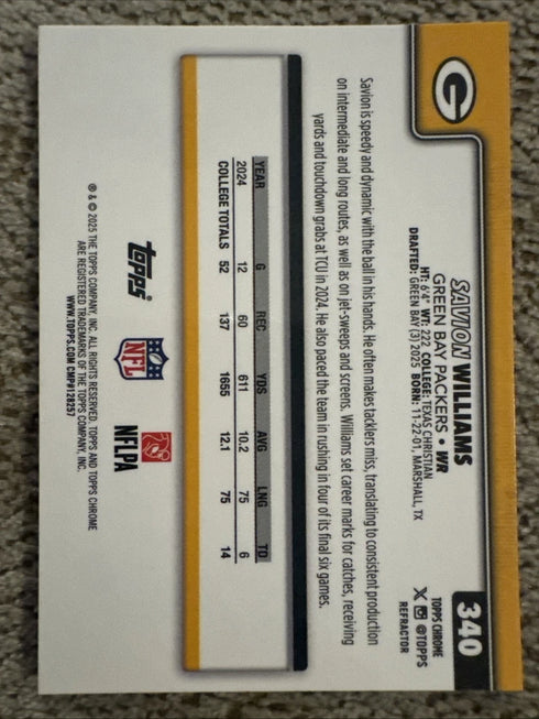 Topps Chrome 2025 Savion Williams Green Bay Packers Rookie Refractor Card 340
