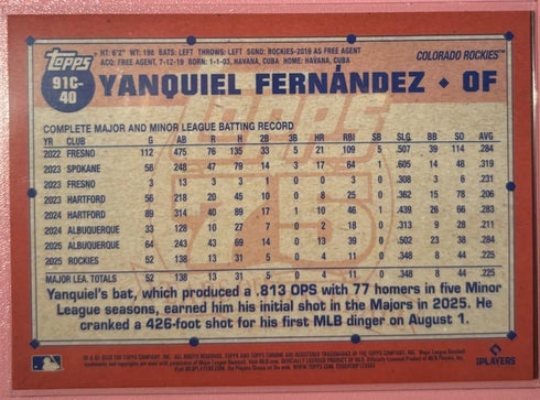 2026 Topps Series 1 #91C-40 Yanquiel Fernandez SILVER PACK MOJO RC - Rockies