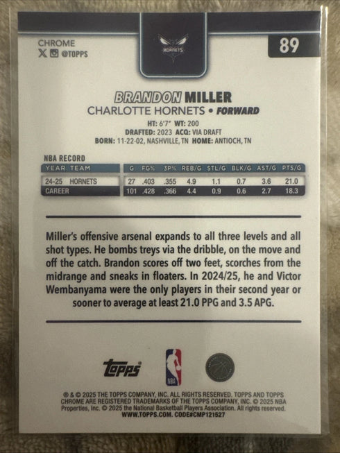 2025-26 Topps Chrome Brandon Miller Pink Refractor /399 Charlotte Hornets