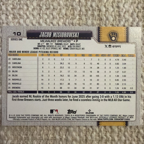 2026 Topps Series 1 Jacob Misiorowski RC #10 Milwaukee Brewers