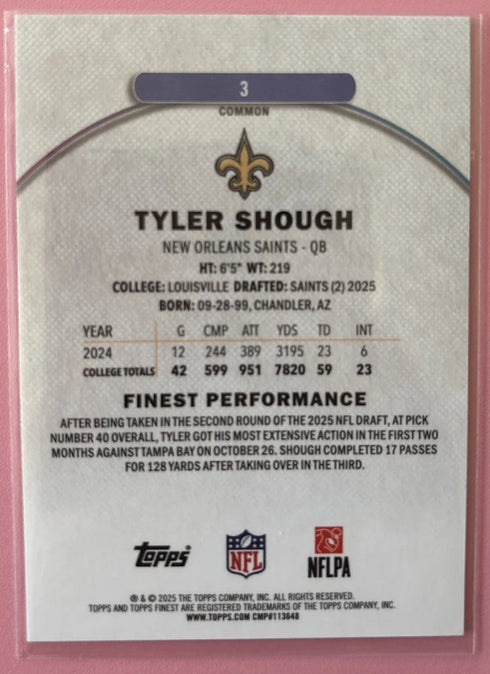 2025 Topps Finest Tyler Shough RC Purple Refractor Rookie #/250 Saints