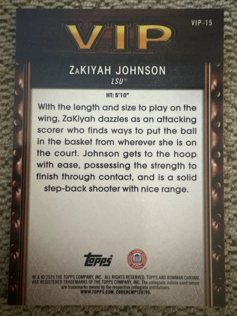 2025-26 Bowman Basketball Zakiyah Johnson VIP Chrome - #VIP-15 - LSU