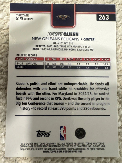 2025 Topps Chrome Basketball Derik Queen RC X-Fractor Card #263