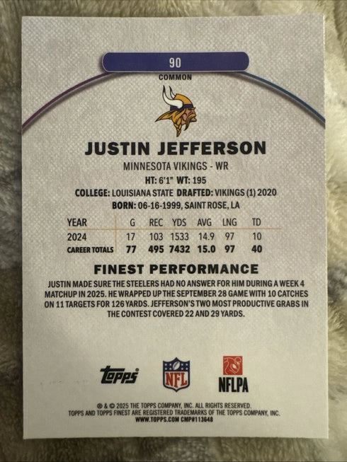 2025 TOPPS FINEST JUSTIN JEFFERSON SKY BLUE REFRACTOR #90 VIKINGS /200
