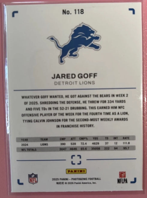 2025 Panini Photogenic Jared Goff #118 /99 Detroit Lions NM