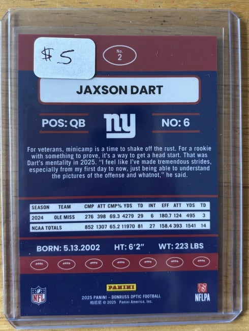 2025 Panini Donruss Optic Jaxson Dart Throwback Rookie RC #2 New York Giants