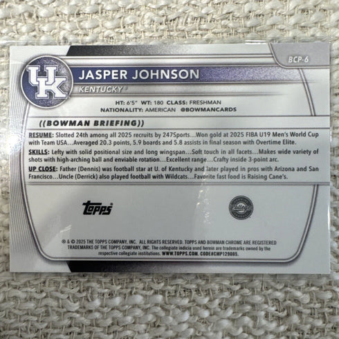 Jasper Johnson Green Mojo Refractor /99 2025-26 Bowman #BCP-6 Kentucky