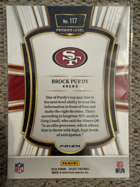 2025 Select Brock Purdy #117 Black and Green Prizm Shock San Francisco 49ers