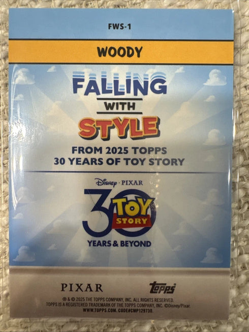 Woody 2025 Topps Pixar 30 Years of Toy Story #FWS-1 Falling With Style /25
