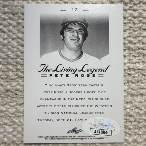2012 Leaf Autographed Pete Rose The Living Legend Pete Rose Phillies #12 w/ JSA