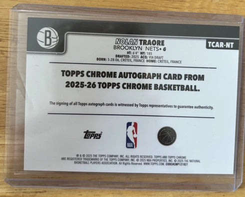 Nolan Traore 2025-26 Topps Chrome Rookie Auto TCAR-NT Brooklyn Nets