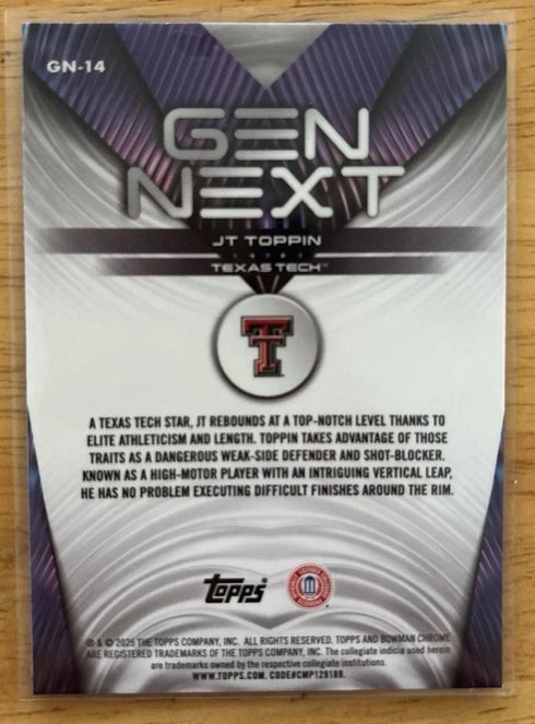 JT Toppin 2025-26 Bowman Chrome Basketball Gen Next #GN-14 Texas Tech