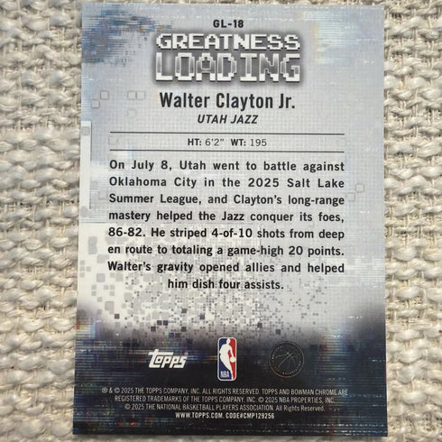 Topps Chrome 2025 Walter Clayton Jr. Utah Jazz Greatness Loading #GL-18 RC /25