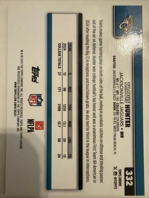 Travis Hunter 2025 Chrome Refractor #332 RC Rookie Jaguars