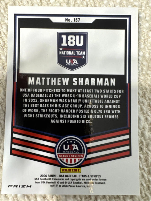 2026 Panini Stars & Stripes Matthew Sharman Green Prizm #157 18U USA National