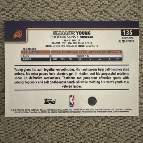 2025-26 Topps Chrome - Thaddeus Young #135 Gold RayWave Refractor /50