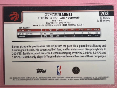 Scottie Barnes 2025-26 Topps chrome basketball PULSAR Refractor #203 Raptors