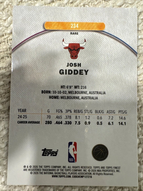 2026 Topps Finest Josh Giddey #234 Rare Chicago Bulls