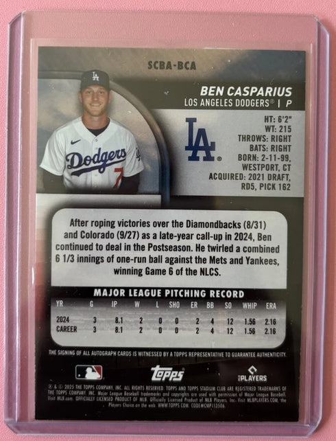 Ben Casparius Topps 2025 Stadium Club Rookie Autograph Dodgers #SCBA-BCA