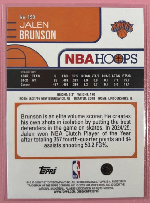 2025-26 Topps NBA Hoops Jalen Brunson #190 Green Hoops Parallel. Knicks.