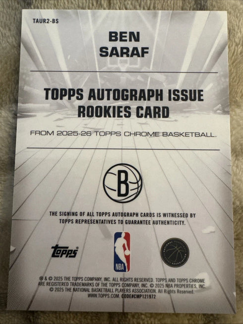 2025-26 Topps Chrome - Autograph Issue Rookies Ben Saraf #TAUR2-BS Gold...
