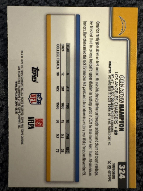 2025 Topps Chrome Sapphire Omarion Hampton RC Rookie #324 Chargers
