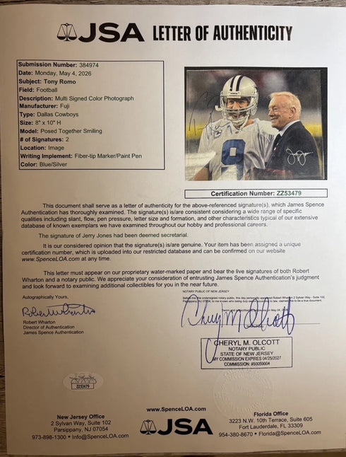Dallas Cowboys Tony Romo Jerry Jones Signed Framed 8x10 Photo JSA Cert